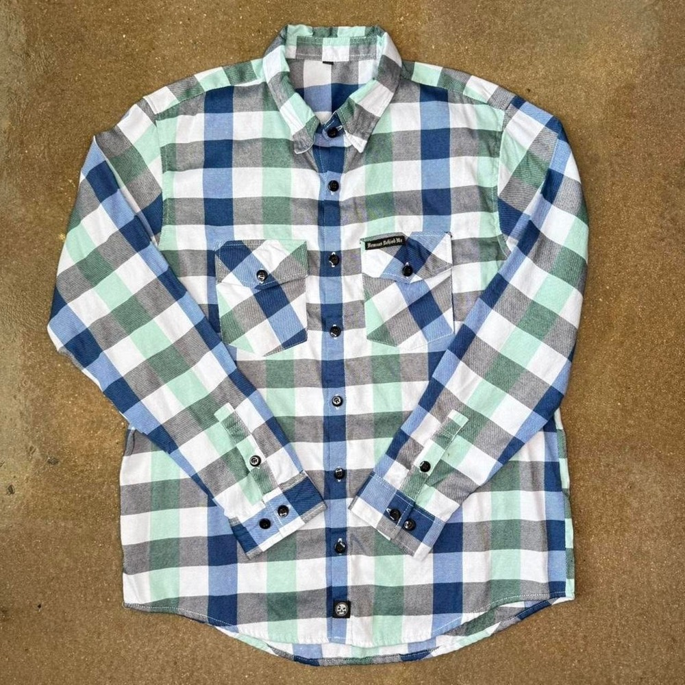 Demons Behind Me blue green plaid flannel double pocket Men's XL